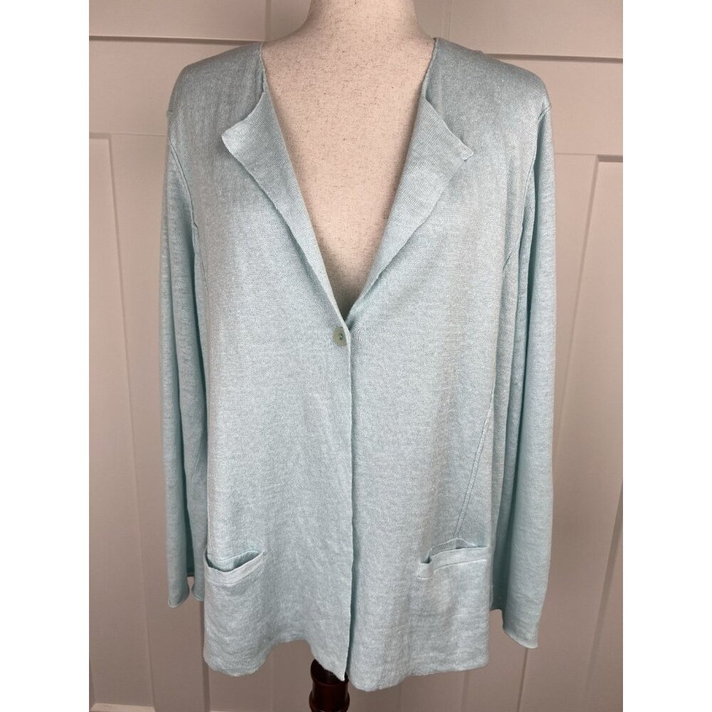 Eileen Fisher Linen Cardigan XL Aqua Blue One Button Front Lightweight Knit